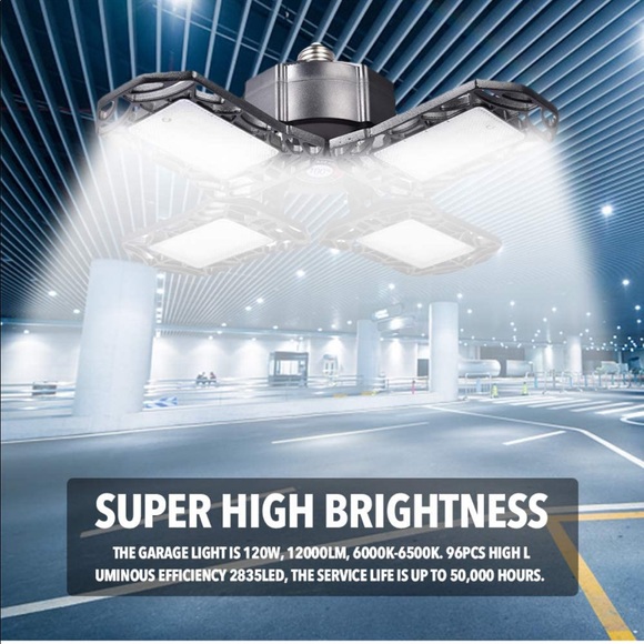 120W Deformable LED Garage Light, E27 Shop Lights Ceiling Light 6000k Warehouse - Picture 2 of 8